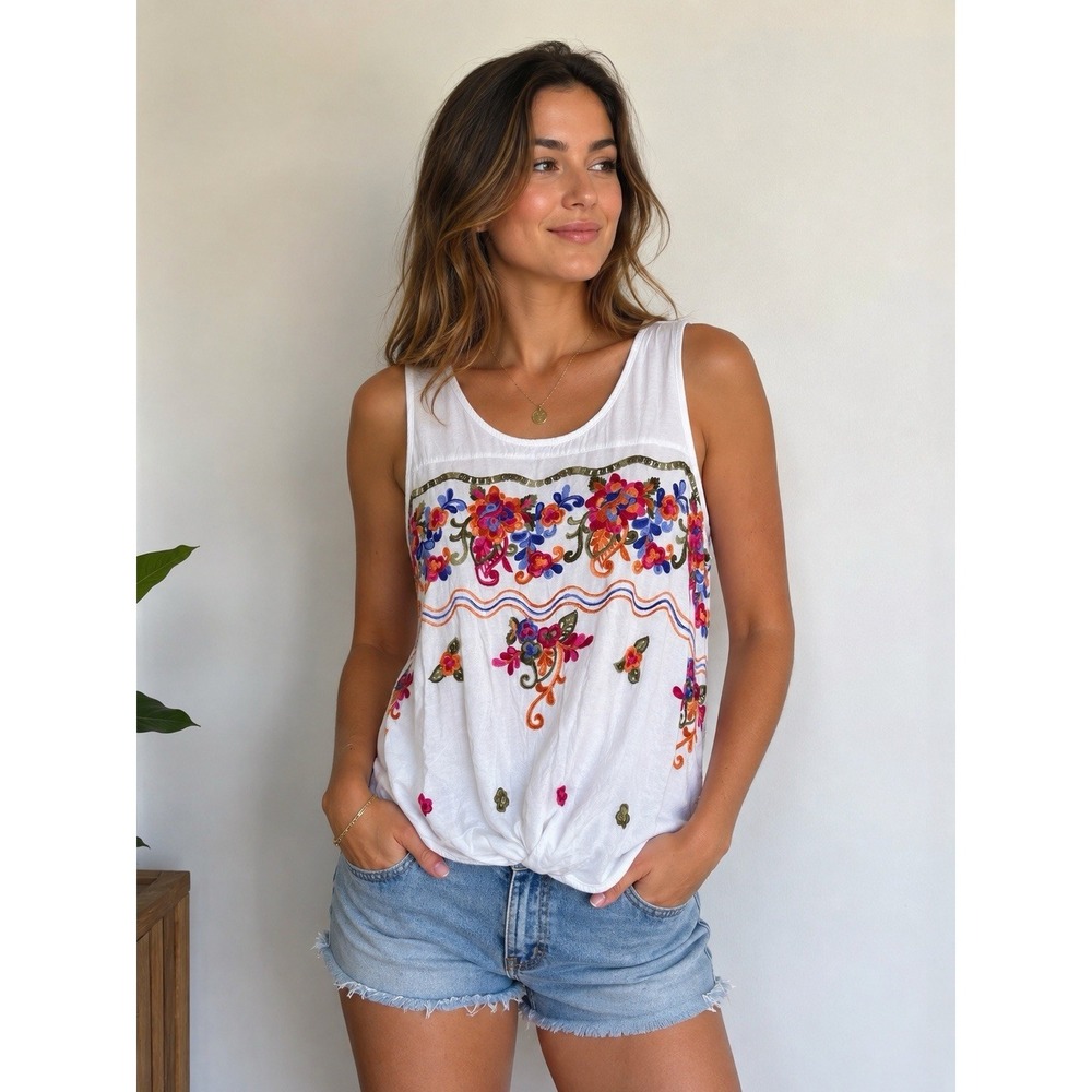 Umgee Boho Women White Floral Colorful Embroidered Sleeveless Tank Top Large